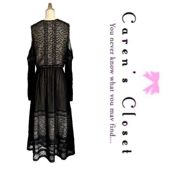 Karen Milan Black Chiffon Lace Cold Shoulder Midi Cocktail Dress - Picture 10 of 10